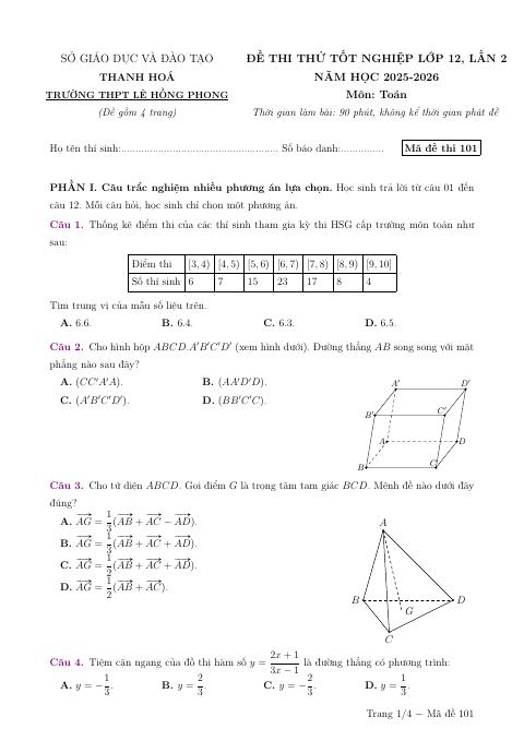 Đề thi thử TN THPT 2026 môn Toán lần 2 trường THPT Lê Hồng Phong – Thanh Hóa